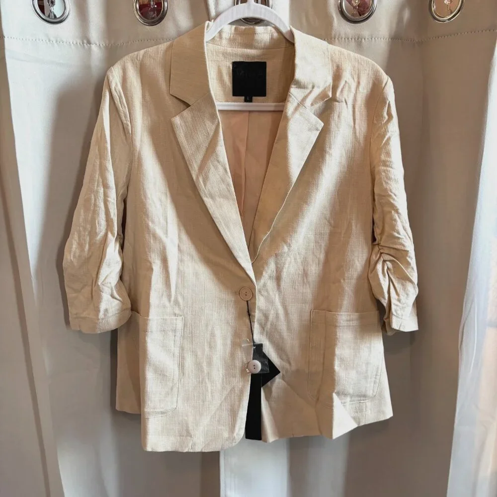 Mina Self Flax Linen Blend Blazer Beige Business Casual L Ruched Sleeve 18995x - Picture 1 of 12
